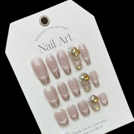 1048/1052/1058 French Cat's Eye  Effect press on nails 100% handmade false nails pink nude color