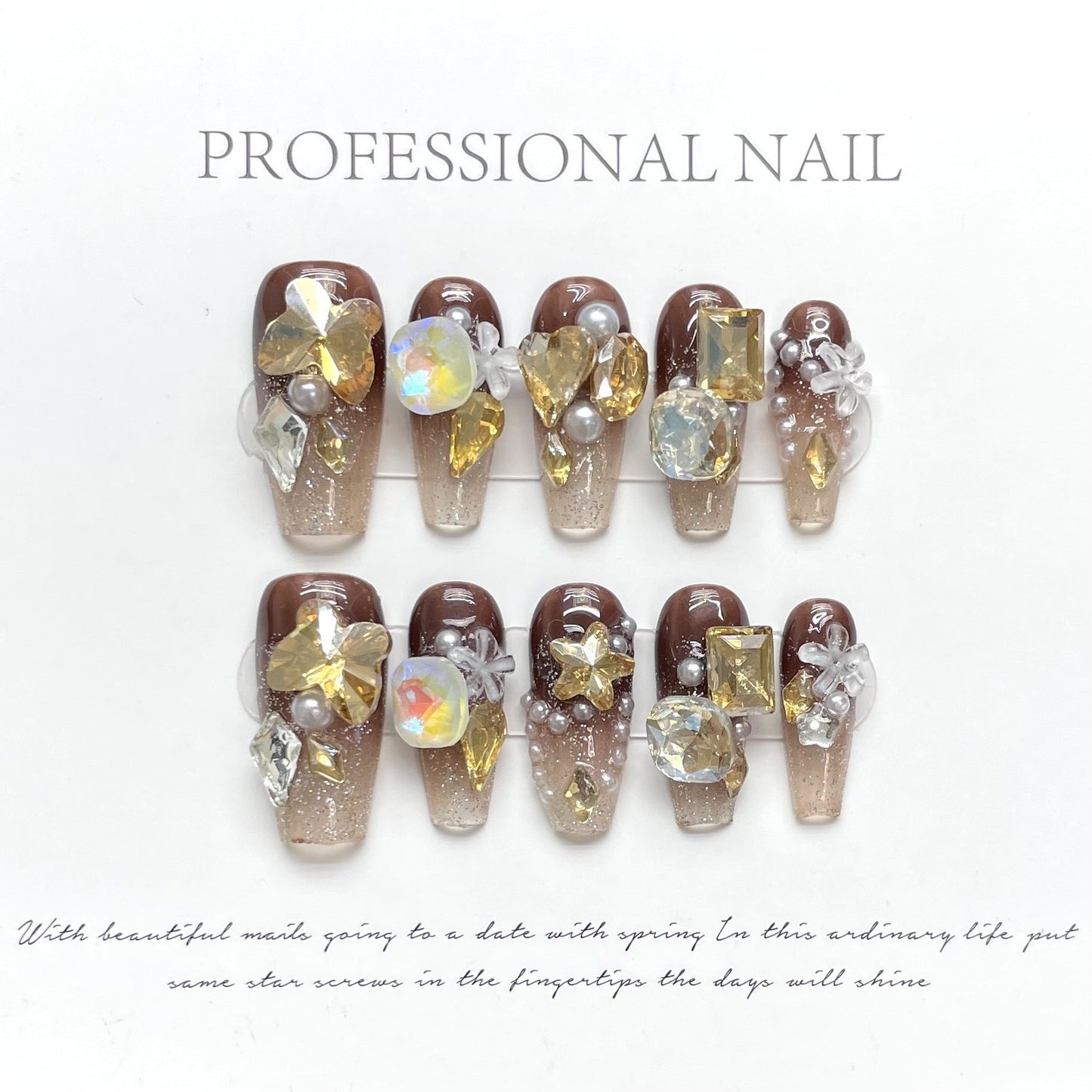 986 rhinestone style press on nails 100% handmade false nails brown golden