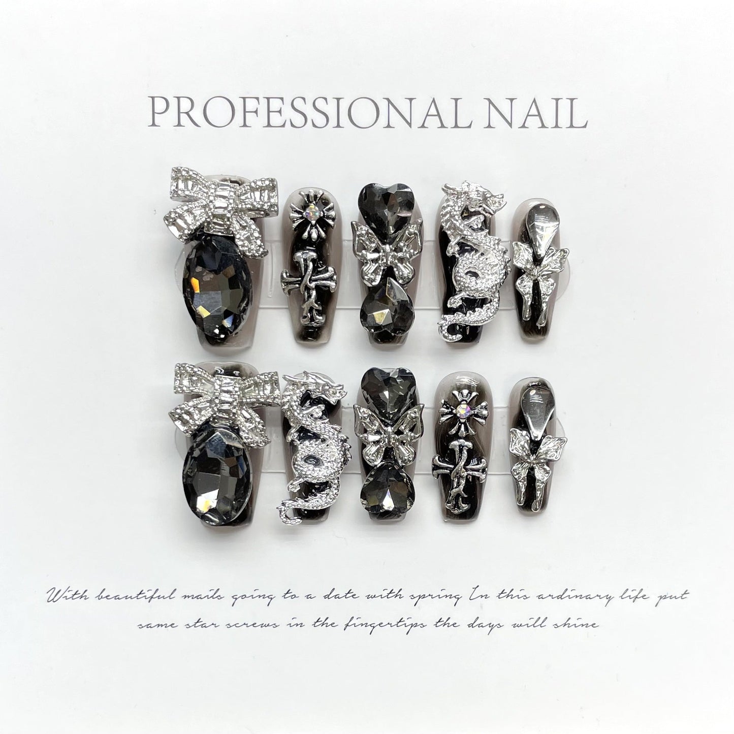 1038 Zwarte stijl press-on-nagels 100% handgemaakte kunstnagels zwarte strook