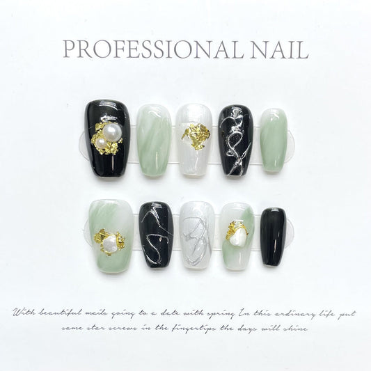 1147 Emerald-green style press on nails 100% handmade false nails black