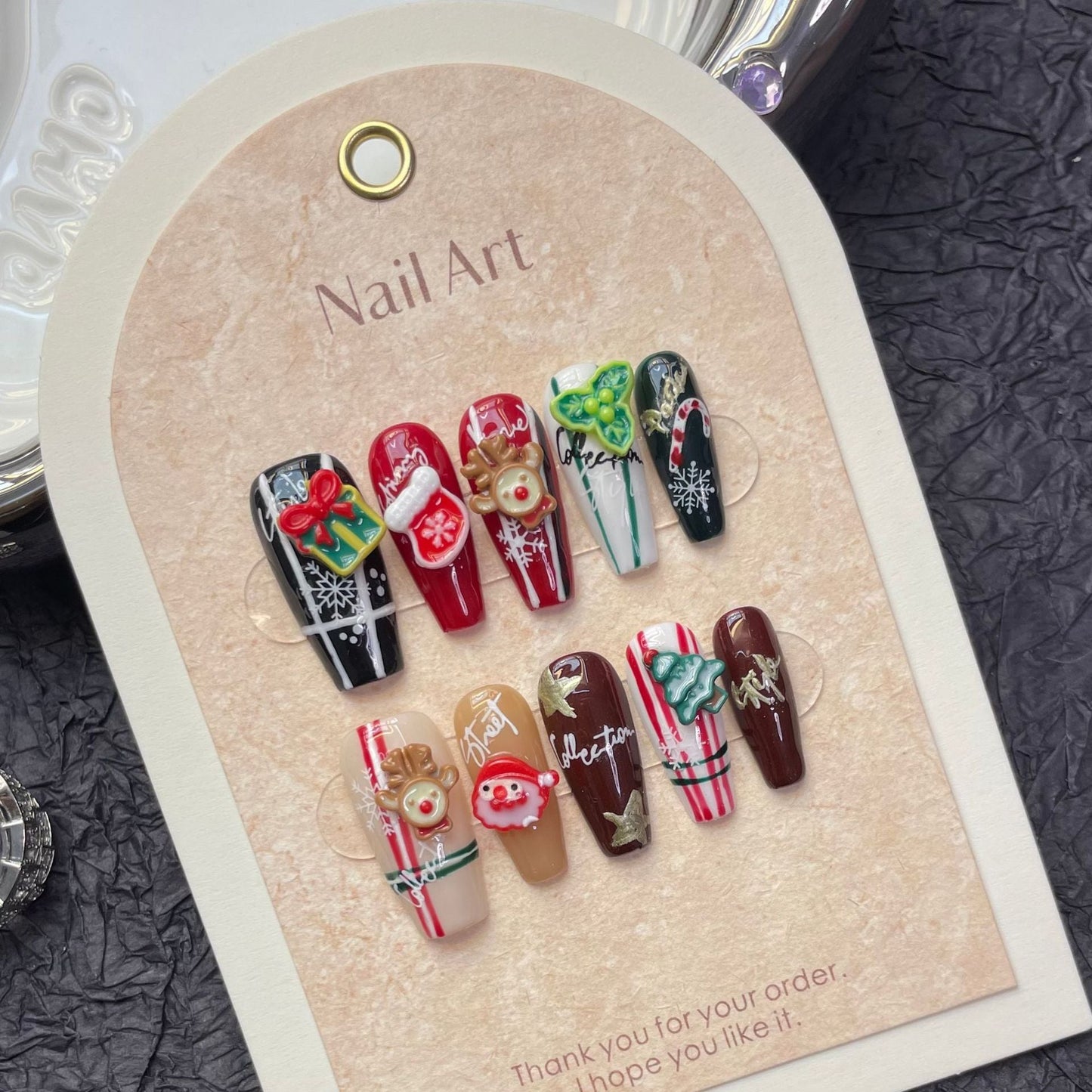 1217 Christmas style press on nails 100% handmade false nails mixed color